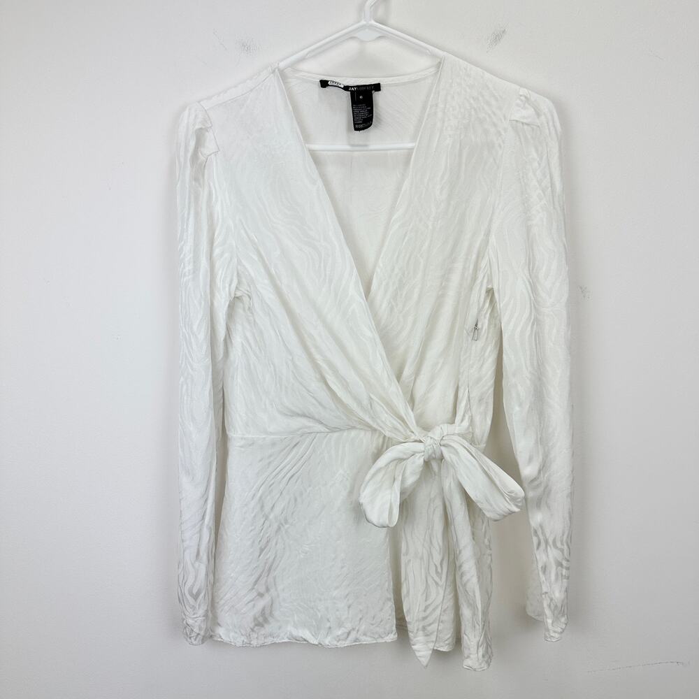 Jay Godfrey Hannah Wrap Top Viscose Blouse Long Sleeve Tie Waist Jacquard US 6 - Picture 5 of 10